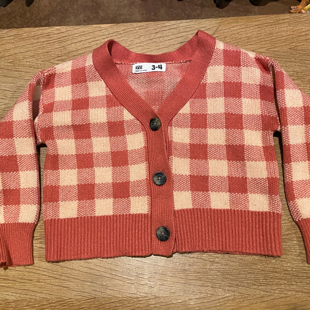 Cotton On Kids 3-4 Two-Tone Plaid Knit Cardigan Persimmon & Coral VGUC